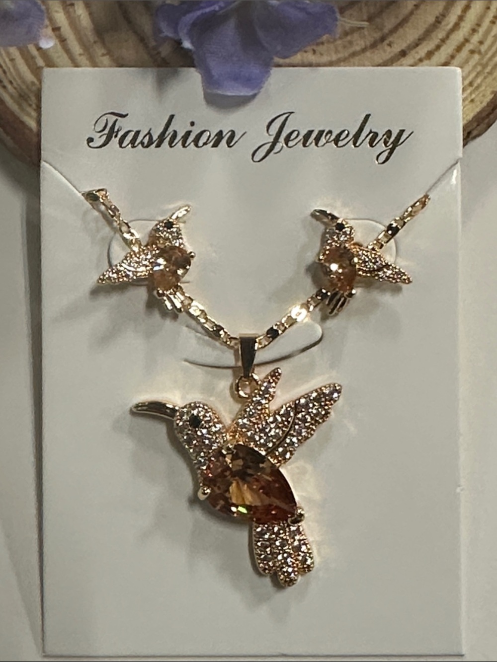 Fashion Jewelry Gold-Tone Hummingbird Necklace with Amber Crystals